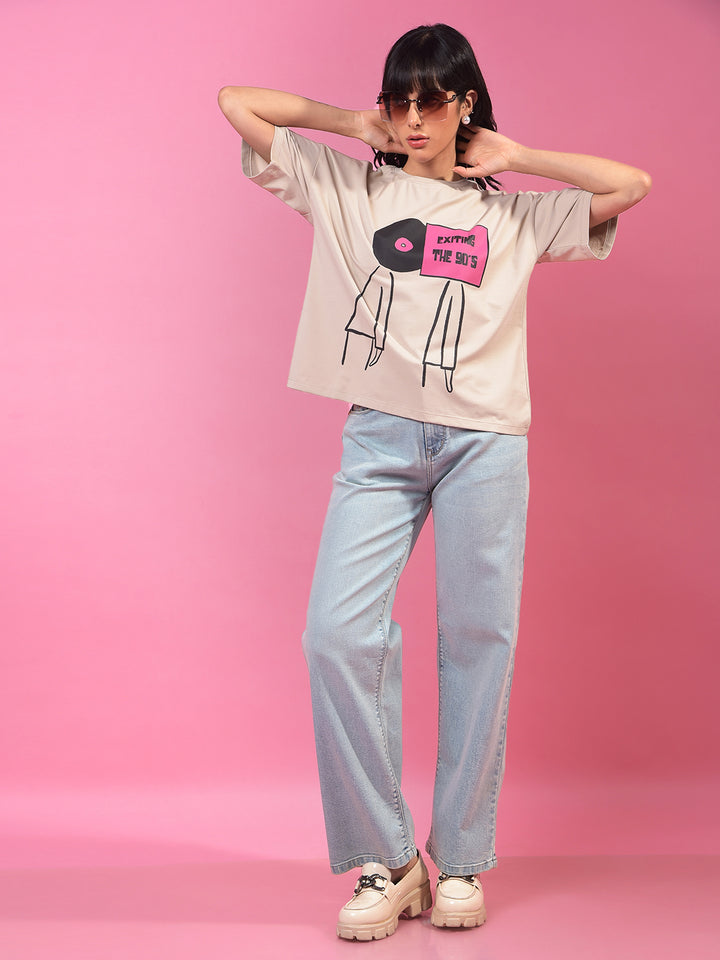Beige Typographic Print T-Shirt-Women T-Shirts-Crimsoune Club