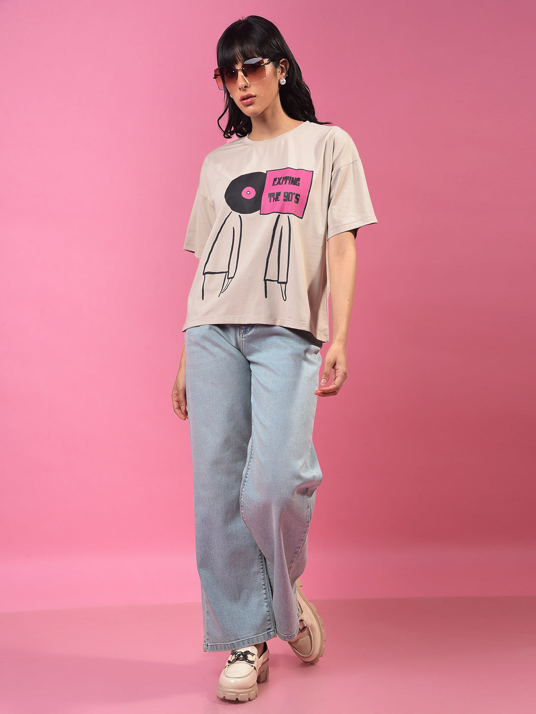 Beige Typographic Print T-Shirt-Women T-Shirts-Crimsoune Club