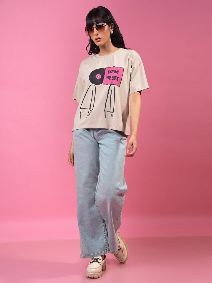 Beige Typographic Print T-Shirt-Women T-Shirts-Crimsoune Club