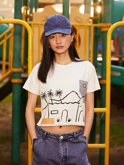 Cream Graphic Print Crop Length T-Shirt-Women T-Shirts-Crimsoune Club