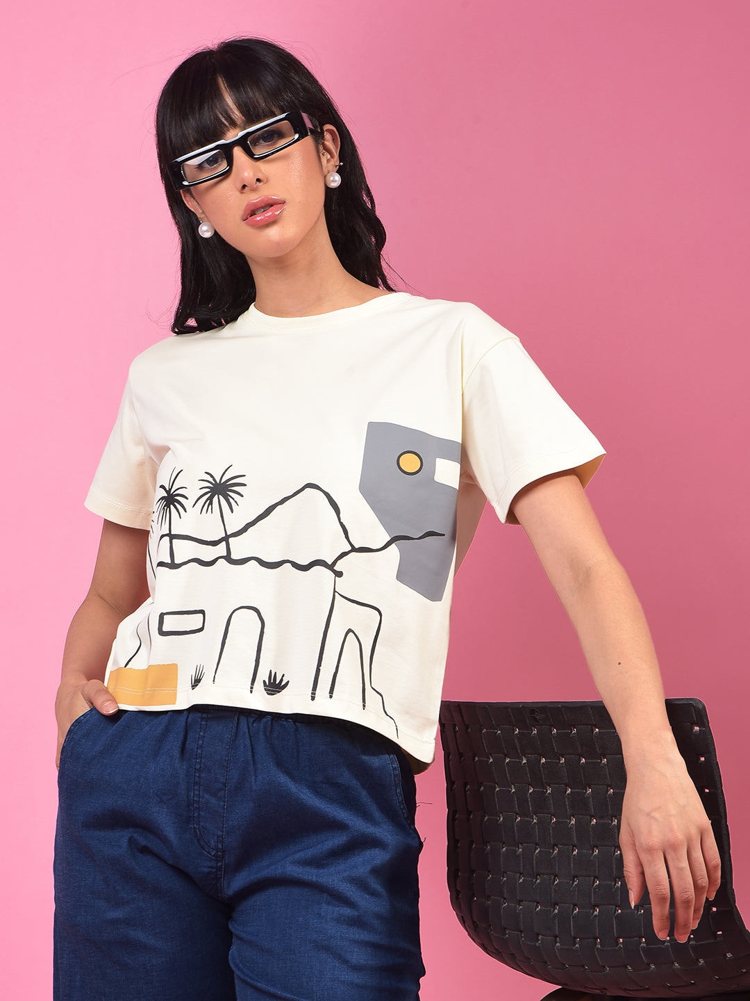 Cream Graphic Print Crop Length T-Shirt-Women T-Shirts-Crimsoune Club