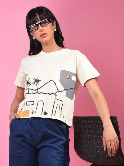 Cream Graphic Print Crop Length T-Shirt-Women T-Shirts-Crimsoune Club