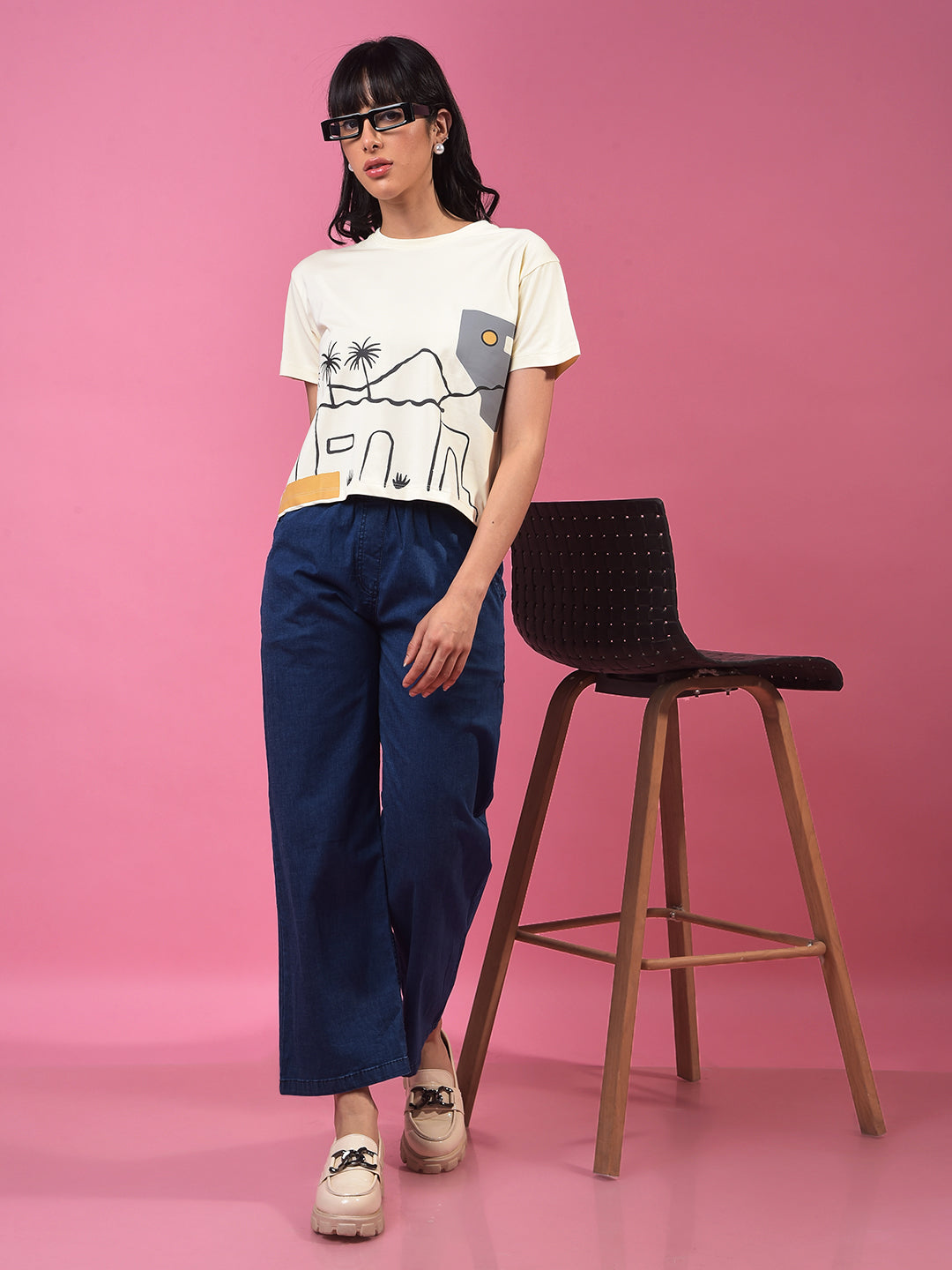 Cream Graphic Print Crop Length T-Shirt-Women T-Shirts-Crimsoune Club