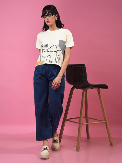 Cream Graphic Print Crop Length T-Shirt-Women T-Shirts-Crimsoune Club