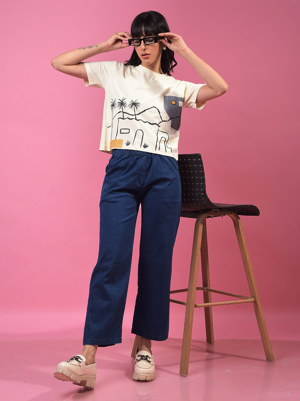 Cream Graphic Print Crop Length T-Shirt-Women T-Shirts-Crimsoune Club