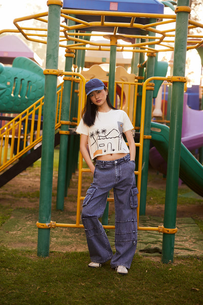 Women's Cream Graphic Print Crop Length T-Shirt-Women Shorts-Crimsoune Club