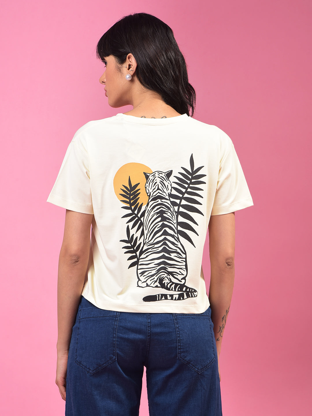 Cream Graphic Print Crop Length T-Shirt-Women T-Shirts-Crimsoune Club