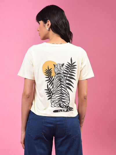 Cream Graphic Print Crop Length T-Shirt-Women T-Shirts-Crimsoune Club