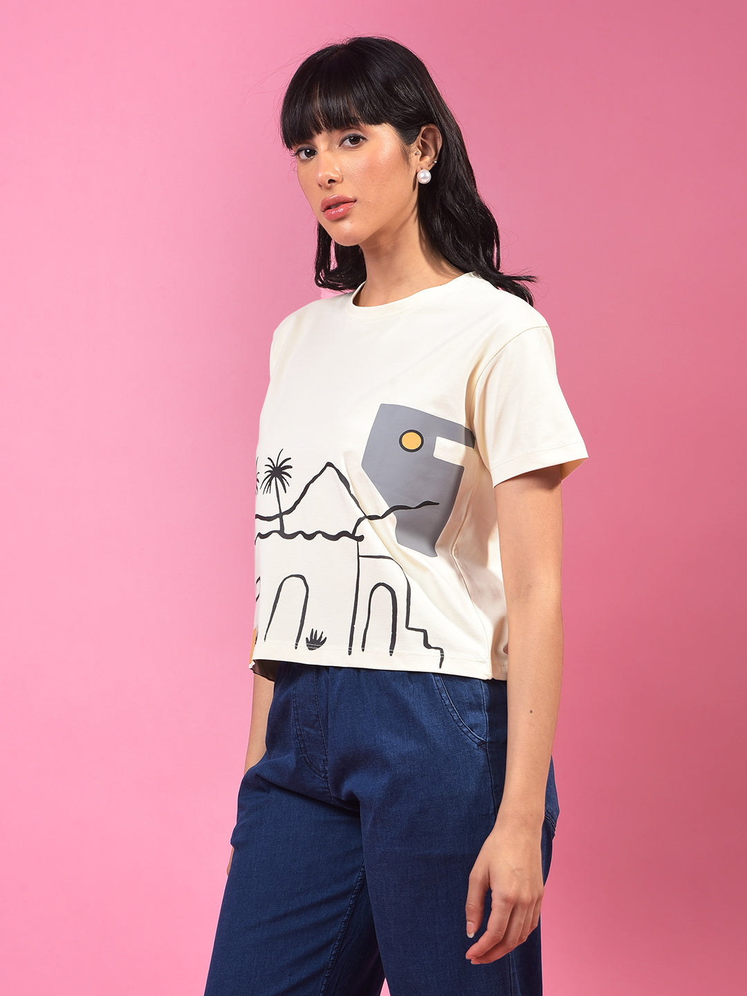Cream Graphic Print Crop Length T-Shirt-Women T-Shirts-Crimsoune Club