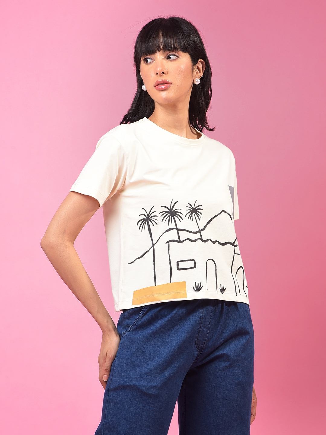 Cream Graphic Print Crop Length T-Shirt-Women T-Shirts-Crimsoune Club