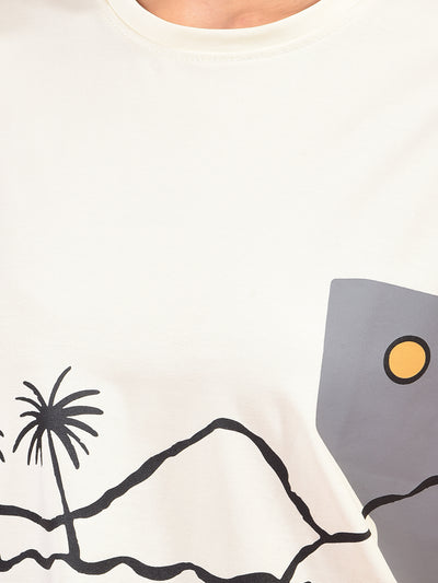 Cream Graphic Print Crop Length T-Shirt-Women T-Shirts-Crimsoune Club