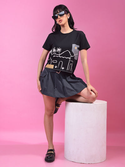 Black Graphic Print Crop T-Shirt-Women T-Shirts-Crimsoune Club