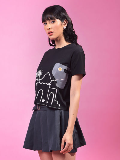 Black Graphic Print Crop T-Shirt-Women T-Shirts-Crimsoune Club