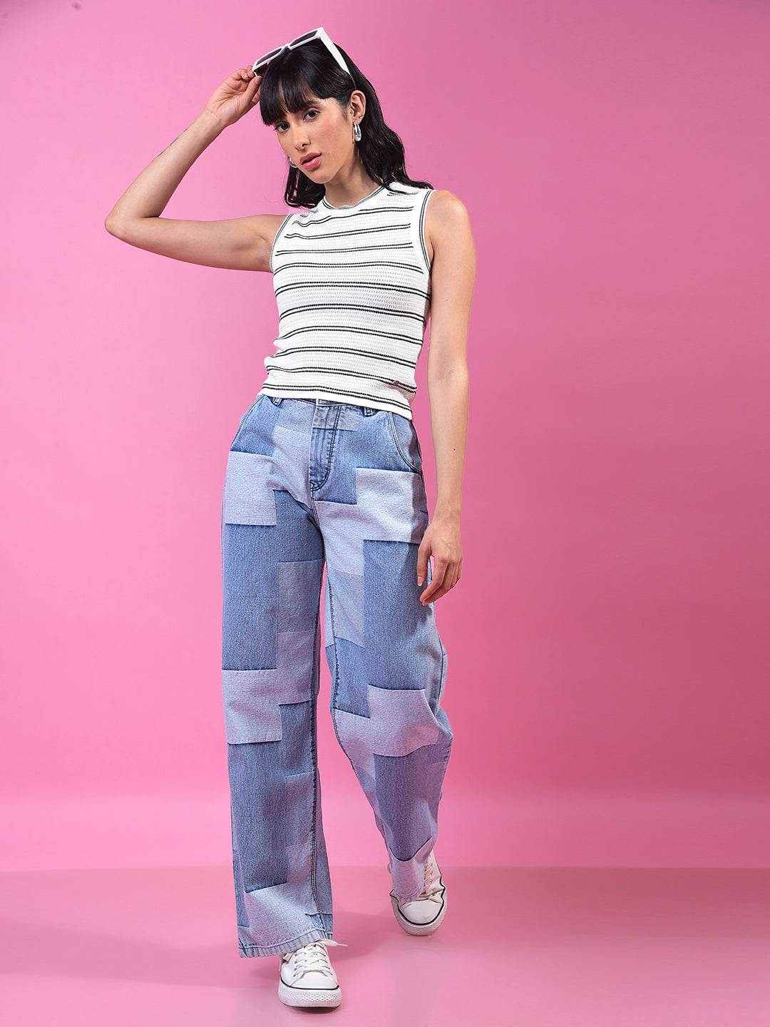 White Horizontal Stripes Sleeveless 100% Cotton Top-Women Tops-Crimsoune Club