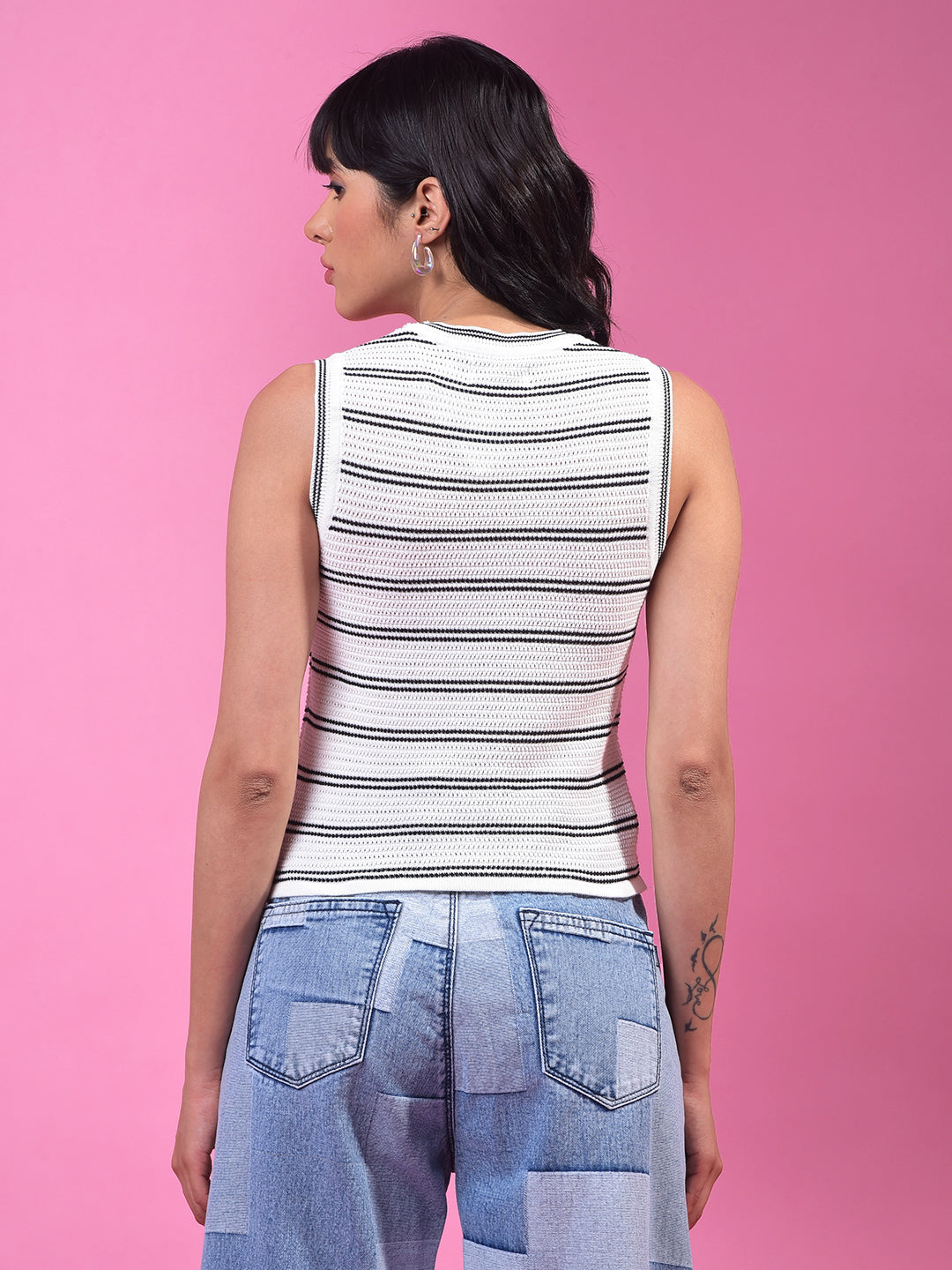 White Horizontal Stripes Sleeveless 100% Cotton Top-Women Tops-Crimsoune Club