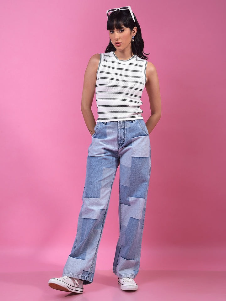 White Horizontal Stripes Sleeveless 100% Cotton Top-Women Tops-Crimsoune Club