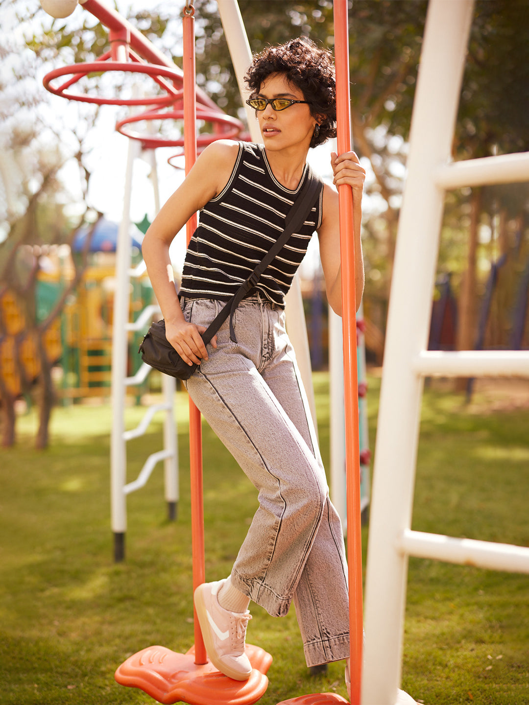 Black Horizontal Stripes 100% Cotton Sleeveless Top-Women Tops-Crimsoune Club