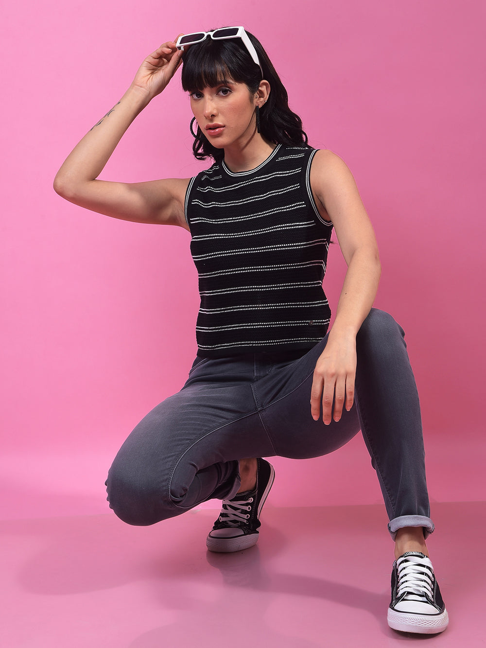 Black Horizontal Stripes 100% Cotton Sleeveless Top-Women Tops-Crimsoune Club