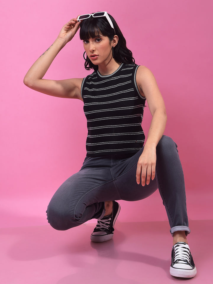 Black Horizontal Stripes 100% Cotton Sleeveless Top-Women Tops-Crimsoune Club