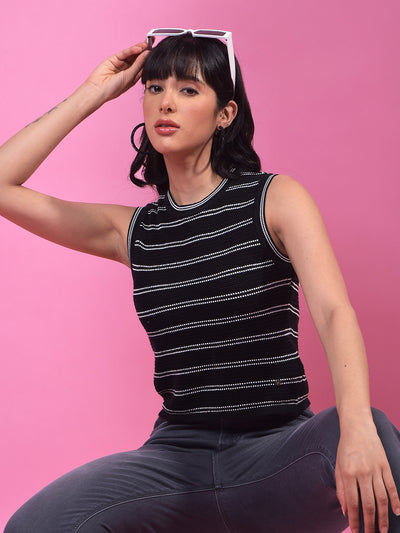 Black Horizontal Stripes 100% Cotton Sleeveless Top-Women Tops-Crimsoune Club
