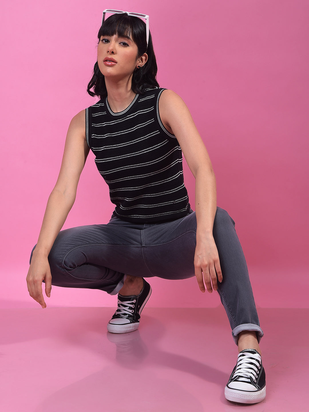 Black Horizontal Stripes 100% Cotton Sleeveless Top-Women Tops-Crimsoune Club