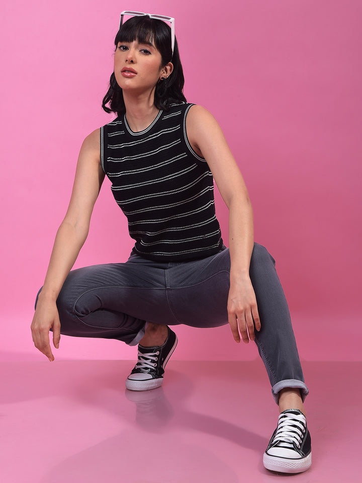 Black Horizontal Stripes 100% Cotton Sleeveless Top-Women Tops-Crimsoune Club