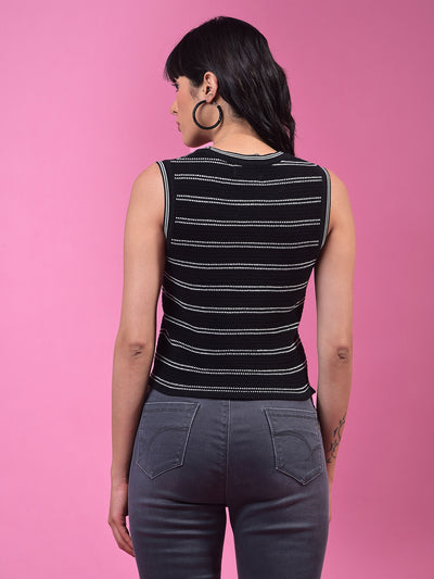 Black Horizontal Stripes 100% Cotton Sleeveless Top-Women Tops-Crimsoune Club