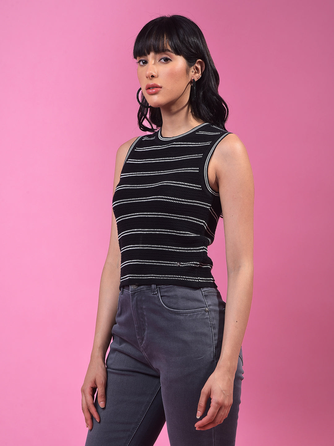 Black Horizontal Stripes 100% Cotton Sleeveless Top-Women Tops-Crimsoune Club