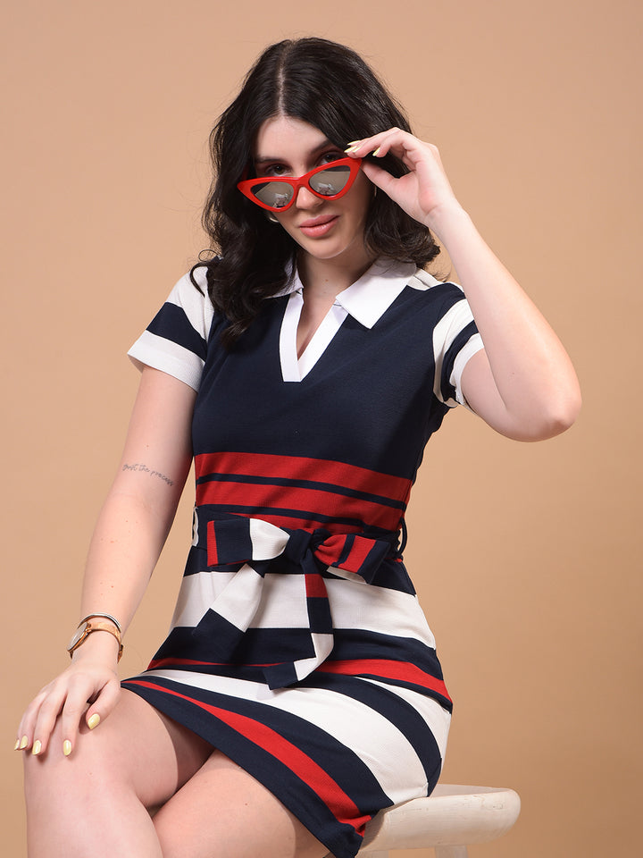 Women's Navy Blue Horizontal Stripes V-Neck Mini Dress with Belt-Women Dress-Crimsoune Club