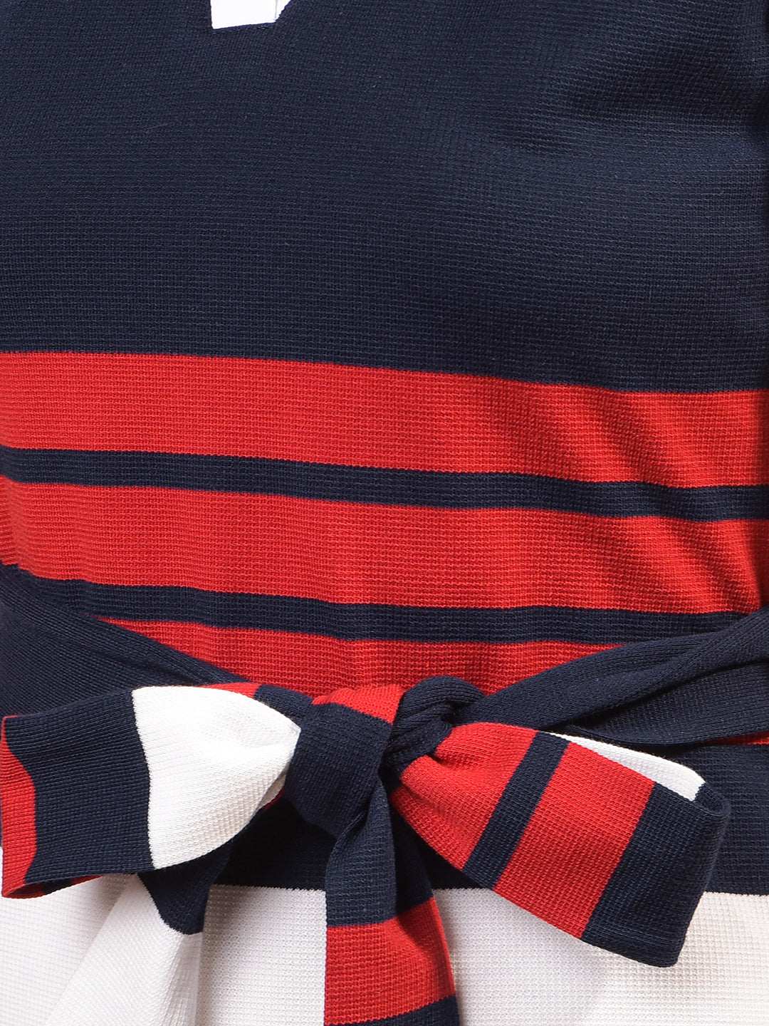 Women's Navy Blue Horizontal Stripes V-Neck Mini Dress with Belt-Women Dress-Crimsoune Club