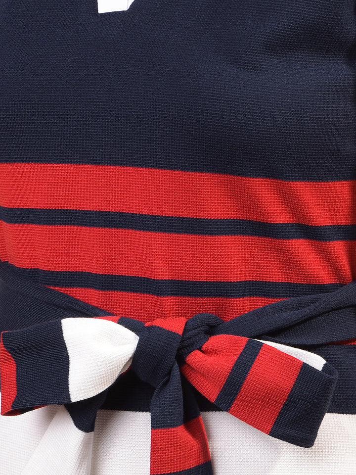 Women's Navy Blue Horizontal Stripes V-Neck Mini Dress with Belt-Women Dress-Crimsoune Club