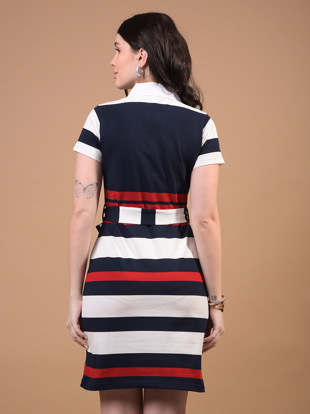 Women's Navy Blue Horizontal Stripes V-Neck Mini Dress with Belt-Women Dress-Crimsoune Club