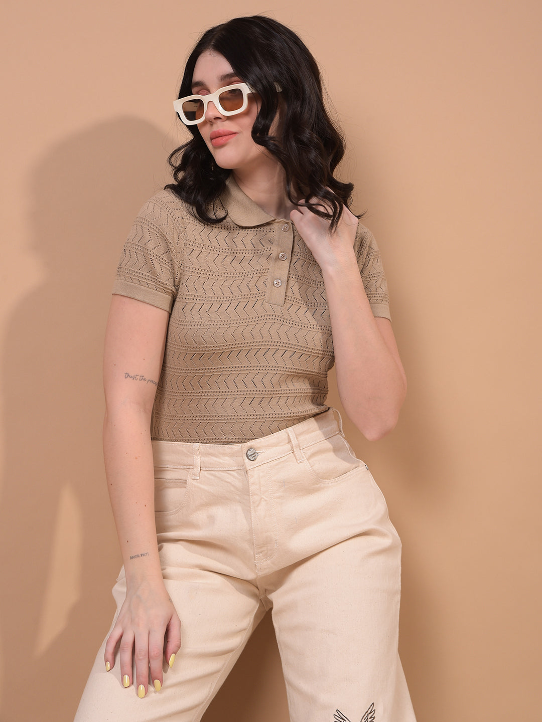 Women's Beige Jacquard 100% Cotton Polo Neck T-Shirt-Women T-Shirts-Crimsoune Club