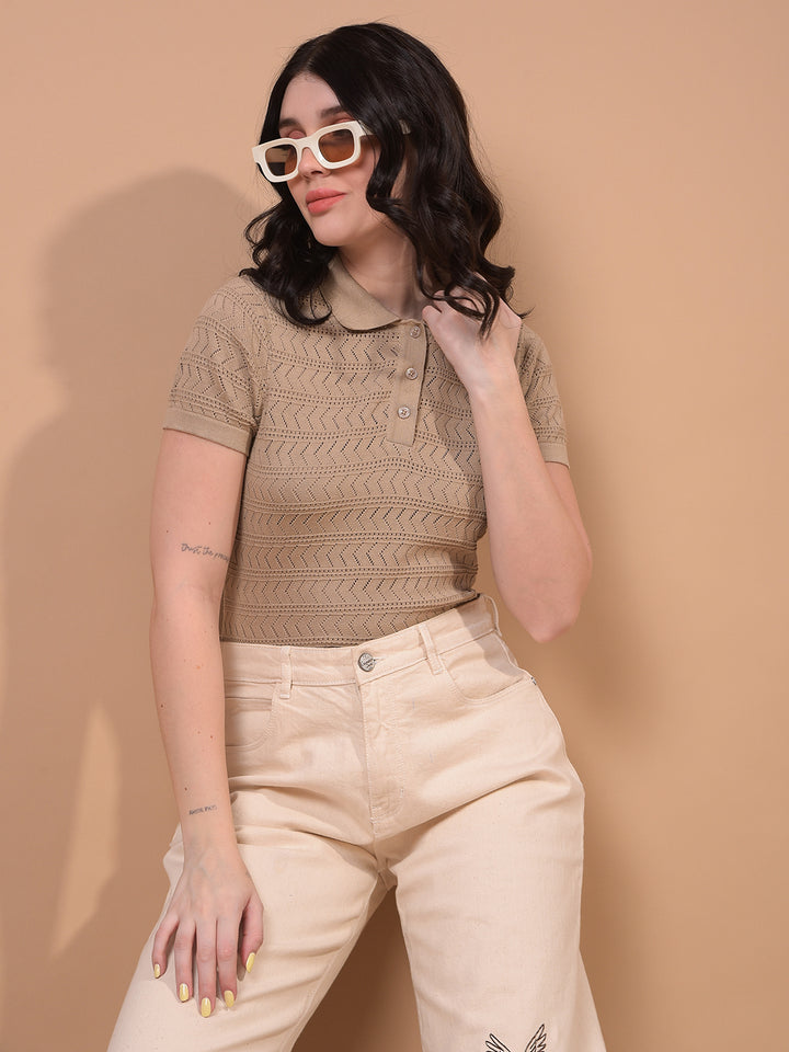 Women's Beige Jacquard 100% Cotton Polo Neck T-Shirt-Women T-Shirts-Crimsoune Club