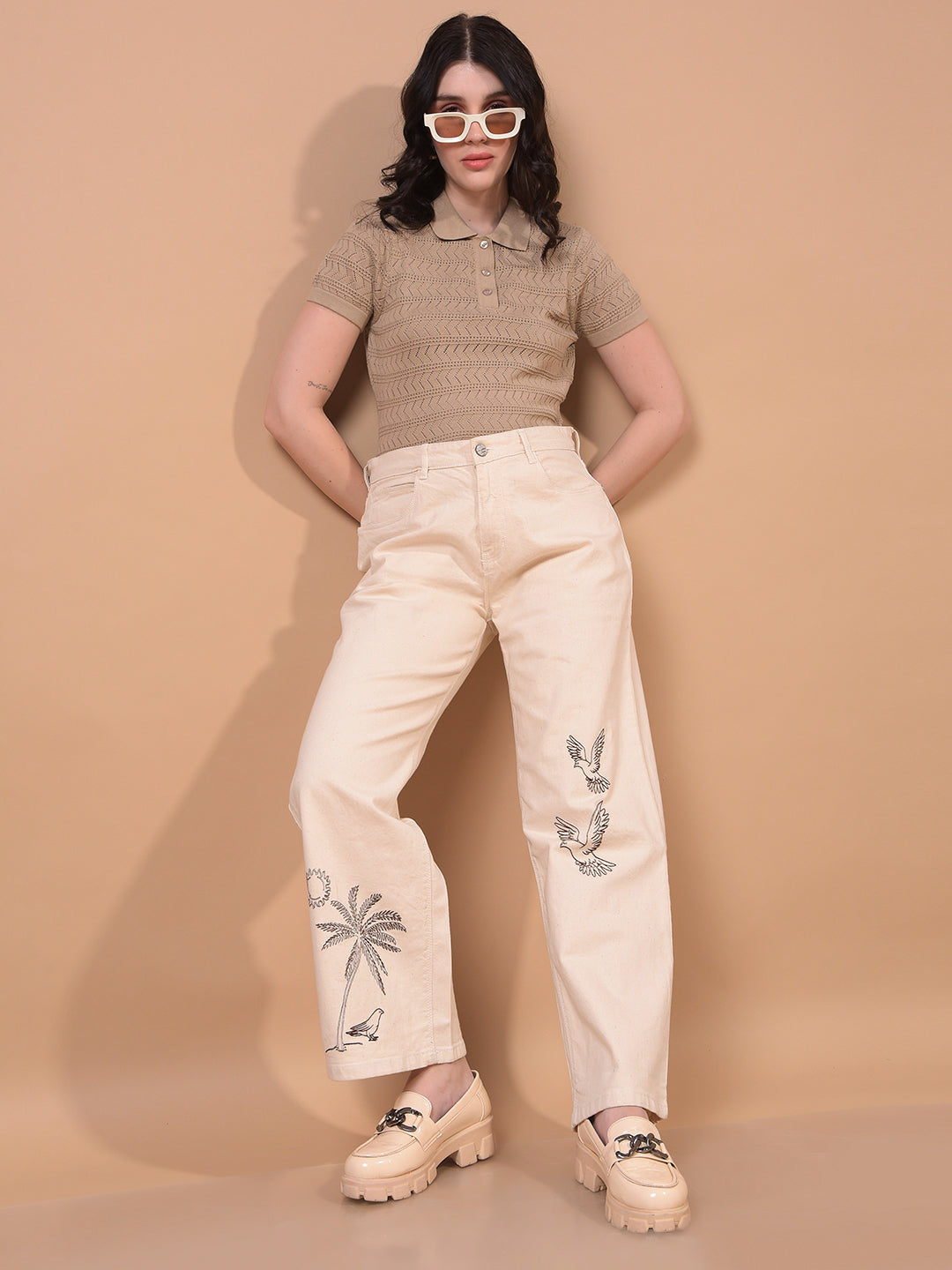 Women's Beige Jacquard 100% Cotton Polo Neck T-Shirt-Women T-Shirts-Crimsoune Club