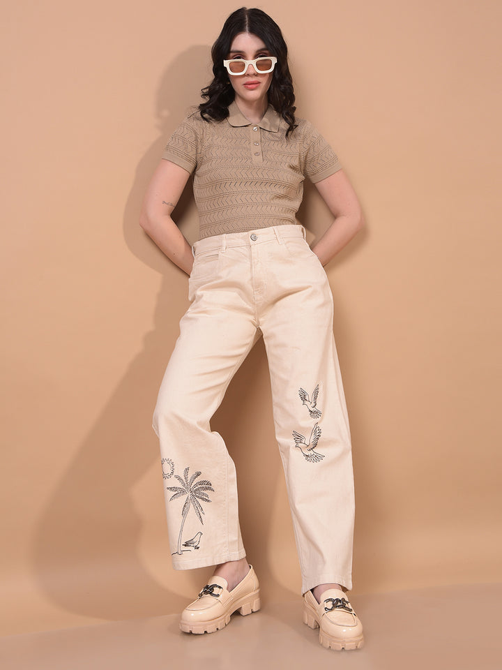 Women's Beige Jacquard 100% Cotton Polo Neck T-Shirt-Women T-Shirts-Crimsoune Club