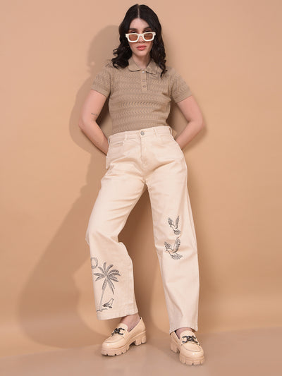Women's Beige Jacquard 100% Cotton Polo Neck T-Shirt-Women T-Shirts-Crimsoune Club