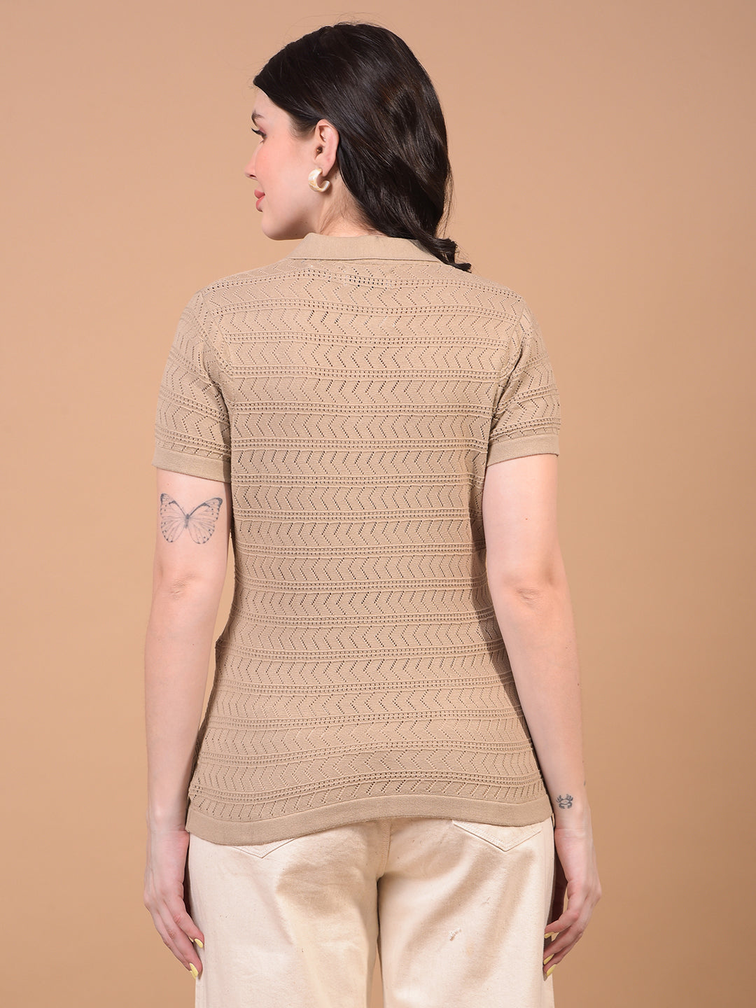 Women's Beige Jacquard 100% Cotton Polo Neck T-Shirt-Women T-Shirts-Crimsoune Club