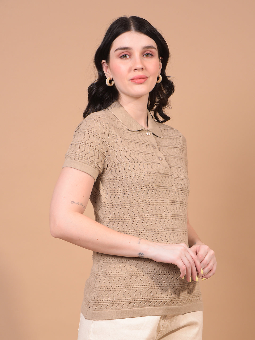 Women's Beige Jacquard 100% Cotton Polo Neck T-Shirt-Women T-Shirts-Crimsoune Club