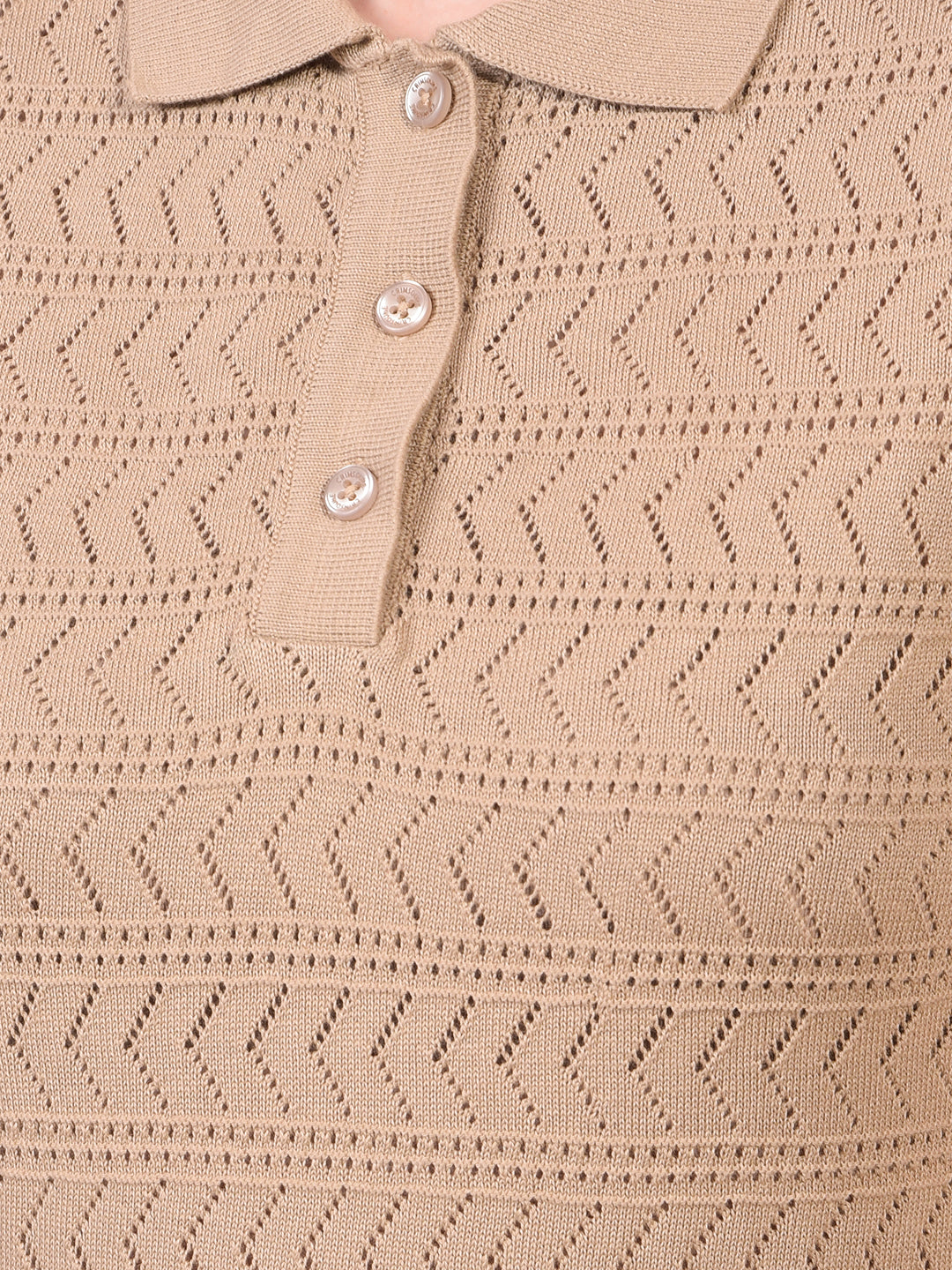 Women's Beige Jacquard 100% Cotton Polo Neck T-Shirt-Women T-Shirts-Crimsoune Club