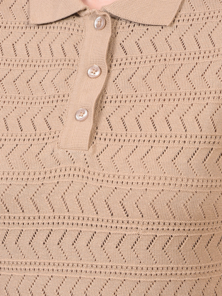 Women's Beige Jacquard 100% Cotton Polo Neck T-Shirt-Women T-Shirts-Crimsoune Club
