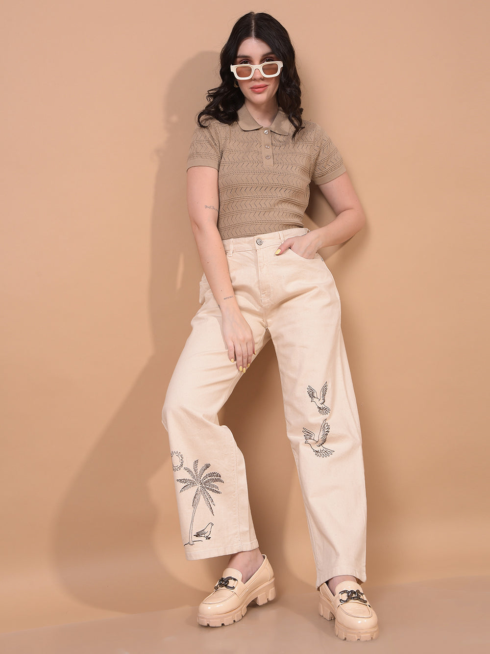 Women's Beige Jacquard 100% Cotton Polo Neck T-Shirt-Women T-Shirts-Crimsoune Club