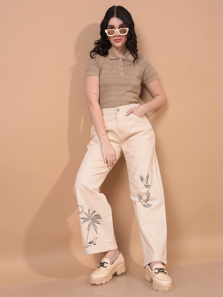 Women's Beige Jacquard 100% Cotton Polo Neck T-Shirt-Women T-Shirts-Crimsoune Club