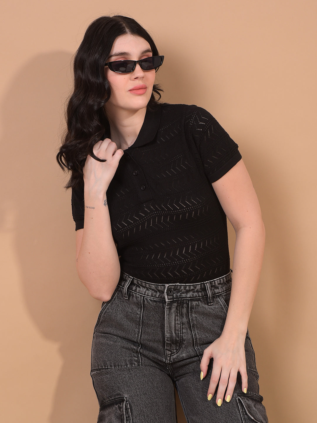 Women's Black Jacquard 100% Cotton Polo Neck T-Shirt-Women T-Shirts-Crimsoune Club