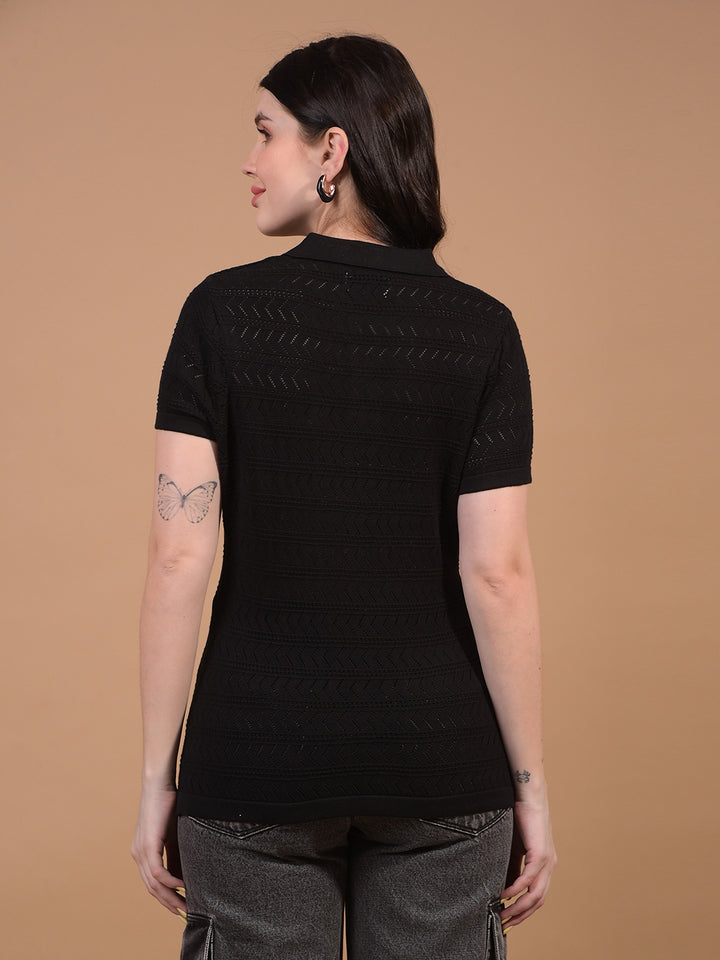 Women's Black Jacquard 100% Cotton Polo Neck T-Shirt-Women T-Shirts-Crimsoune Club