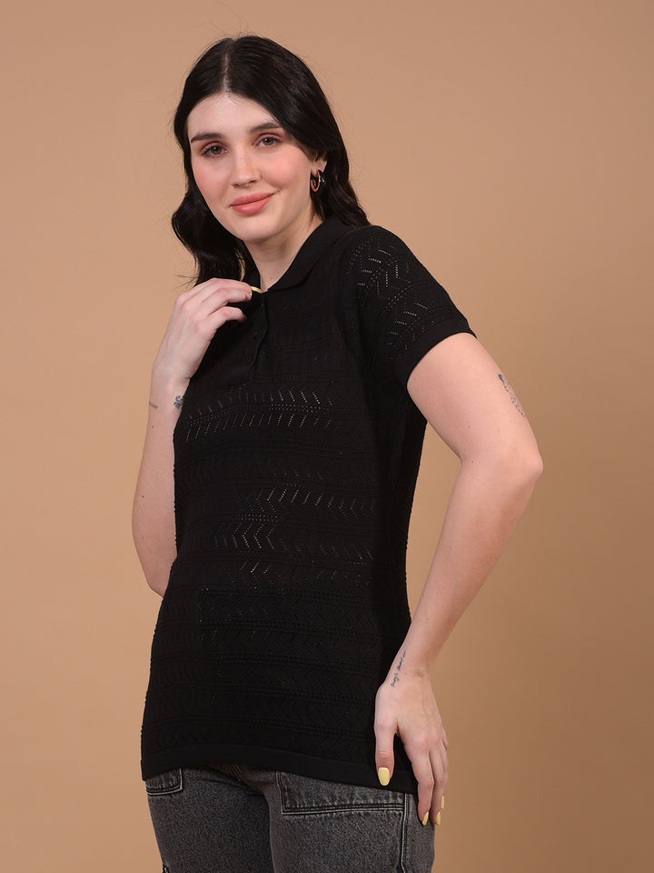 Women's Black Jacquard 100% Cotton Polo Neck T-Shirt-Women T-Shirts-Crimsoune Club