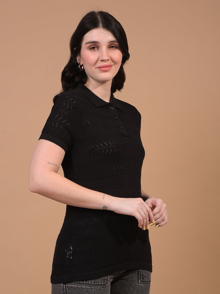 Women's Black Jacquard 100% Cotton Polo Neck T-Shirt-Women T-Shirts-Crimsoune Club