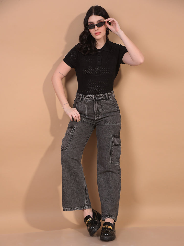 Women's Black Jacquard 100% Cotton Polo Neck T-Shirt-Women T-Shirts-Crimsoune Club