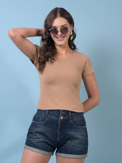 Women's Brown Jacquard T-Shirt-Women T-Shirts-Crimsoune Club