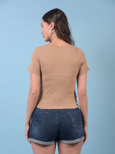Women's Brown Jacquard T-Shirt-Women T-Shirts-Crimsoune Club